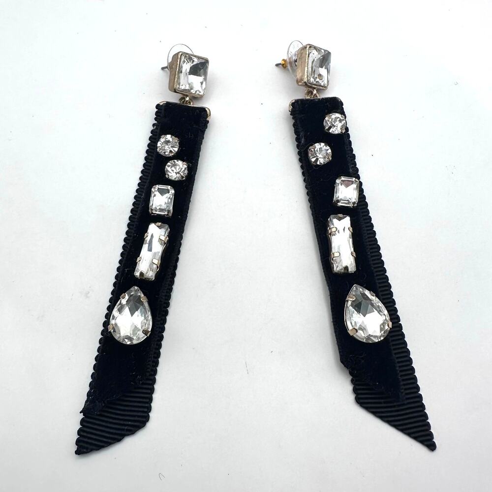 Ann Taylor Black Velvet Rhinestone Earrings Ribbon Long Holiday Festive Party